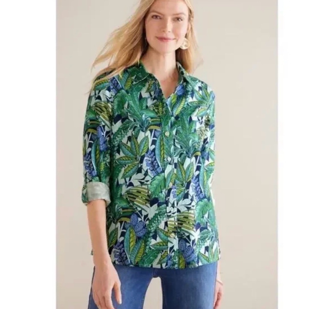 Soft Surroundings Green Tropical-Print Jungle Leaf Linen Blend Button-Down Shirt